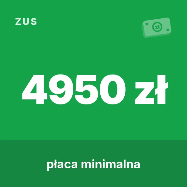 Grafika: kwota „4950 zł” i hasło „płaca minimalna” na zielonym tle (kategoria: ZUS)