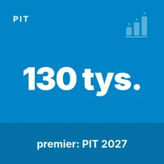 Graphic: “130 tys.” (PLN 130k threshold) and “Prime Minister: PIT 2027” on a sky-blue background (category: PIT)