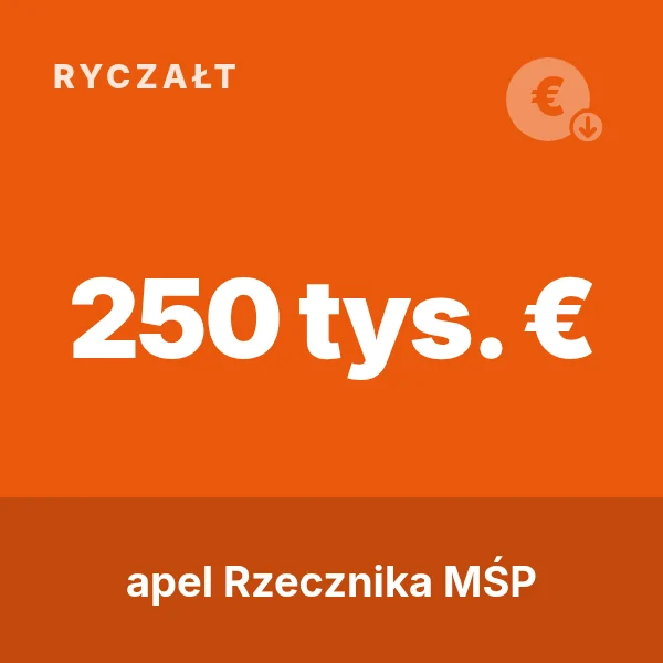 Grafika: napis „250 tys. €” i hasło „apel Rzecznika MŚP” na pomarańczowym tle (kategoria: ryczałt)